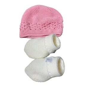 Handmade Crocheted Baby Beanie Pink Hat and White Booties